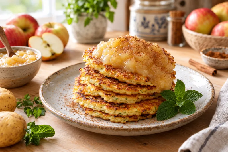 Vegane Quarkkeulchen mit Apfelmus auf rustikalem Teller, garniert mit Zimt und Minze