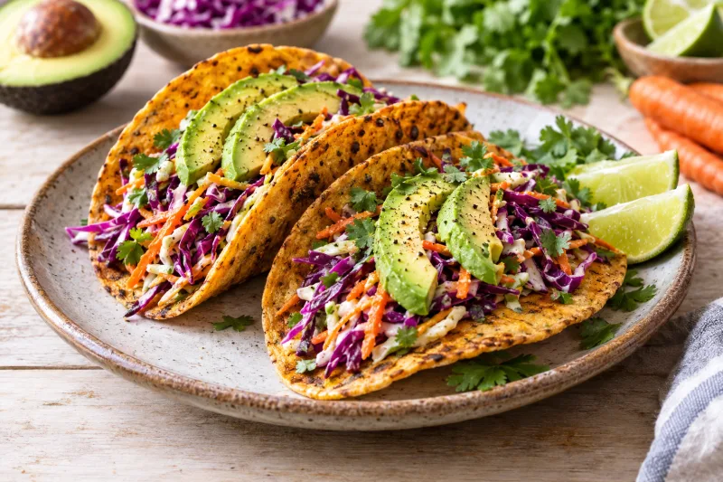 Rauchige Linsen-Tortillas mit Krautsalat und Avocadoscheiben auf einem Teller