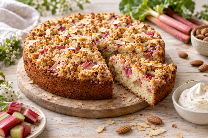 Veganer Rhabarber-Mandel-Streuselkuchen auf einem Teller, mit goldbraunen Streuseln und Rhabarberstücken.