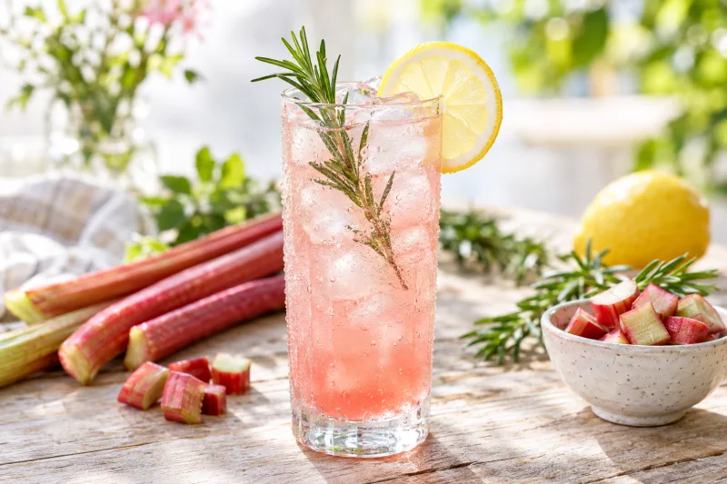 Veganer Rhabarber-Rosmarin-Spritz im Glas mit Eiswürfeln, Rosmarinzweig und Zitronenscheibe auf hellem Holztisch