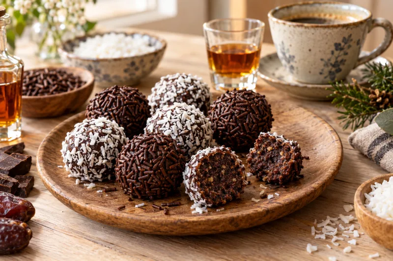 Vegane Rumkugeln auf einem Teller, in Schokoladenstreuseln und Kokosraspeln gewälzt, daneben eine Tasse Kaffee