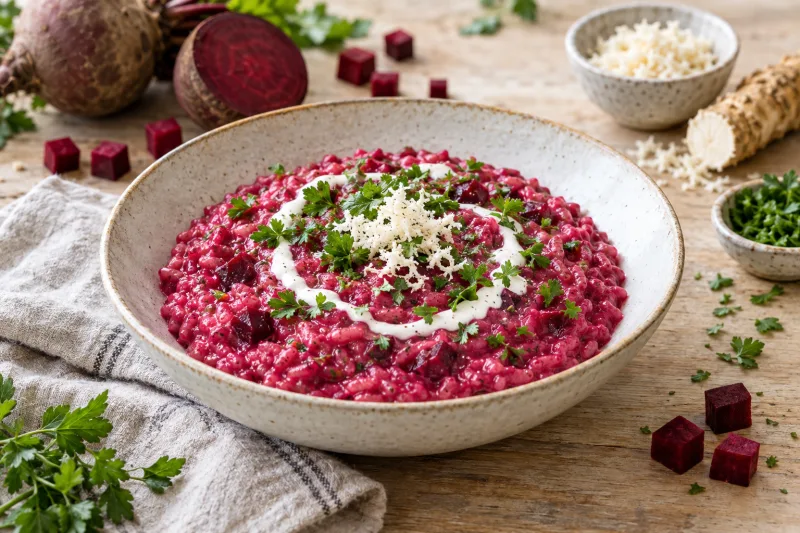 Cremiges rosa Rote-Bete-Risotto mit Meerrettich auf einem hellen Teller, garniert mit Petersilie