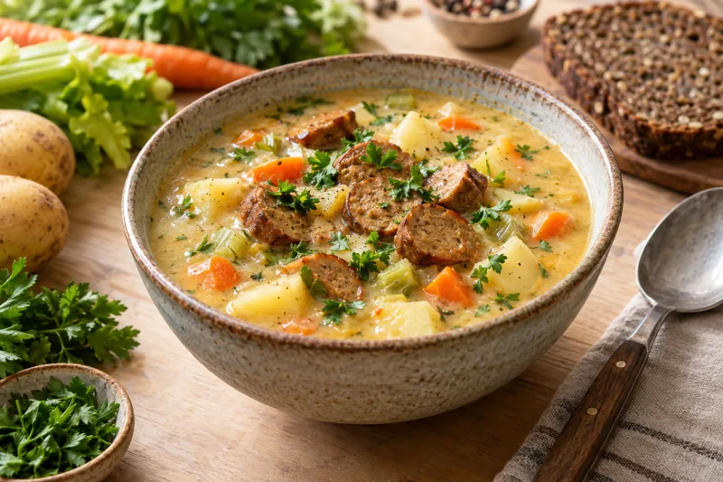 Deftige vegane Kartoffelsuppe mit veganen Würstchen, garniert mit frischer Petersilie, in einem rustikalen Teller