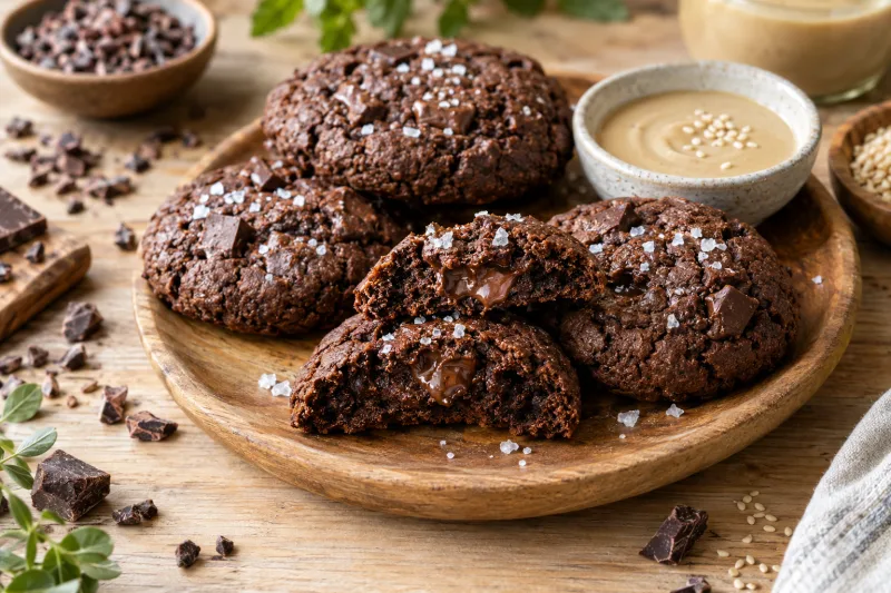 Vegane Schoko-Tahini-Cookies mit Meersalz auf einem Holzteller, einer ist angebrochen.