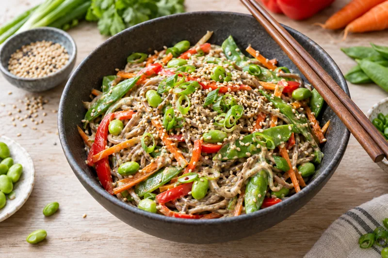 Soba-Nudeln mit Edamame und Sesam in einer Schale, mit Frühlingszwiebeln garniert