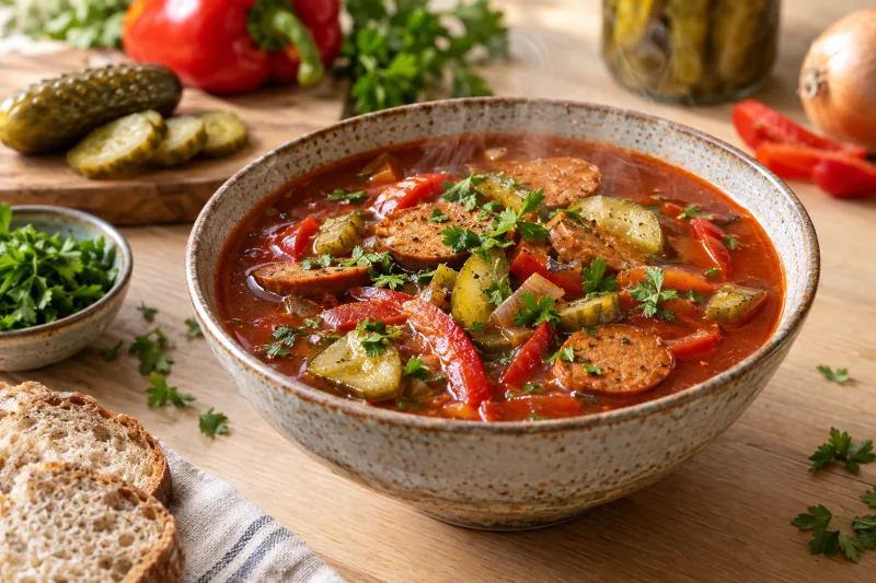 Vegane Soljanka in einem tiefen Teller mit veganer Wurst, Gewürzgurken, Paprika und frischer Petersilie, dampfend.