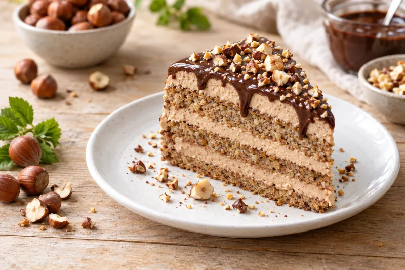 Vegane Solothurner Torte mit Haselnuss-Buttercreme und Schokoglasur, dekoriert mit gehackten Haselnüssen, auf einem Teller.