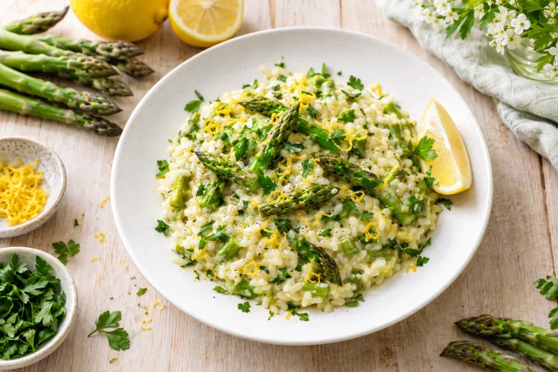 Cremiges veganes Spargel-Risotto mit grünem Spargel und Zitronenzesten auf einem Teller