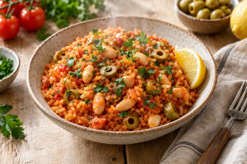 Veganer Tomatenreis mit weißen Bohnen und grünen Oliven auf einem Teller mit Petersilie