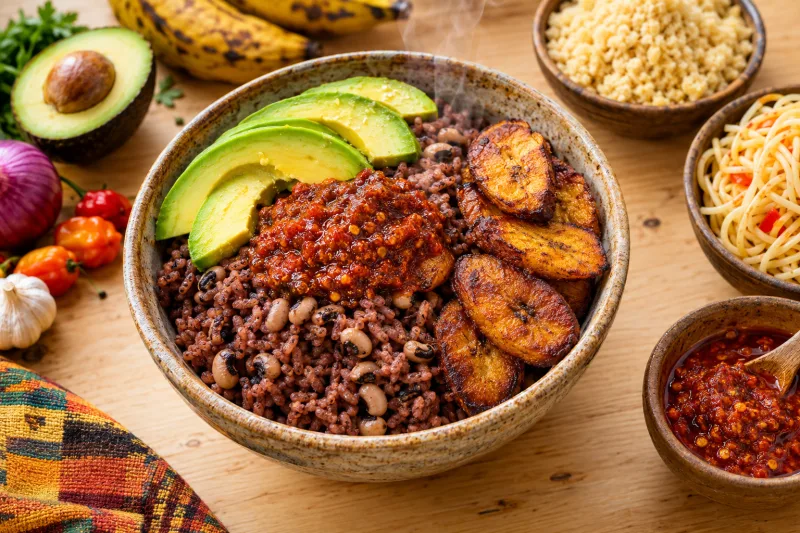 Waakye mit schwarzen Augenbohnen, Avocado und Kochbanane auf einem Teller