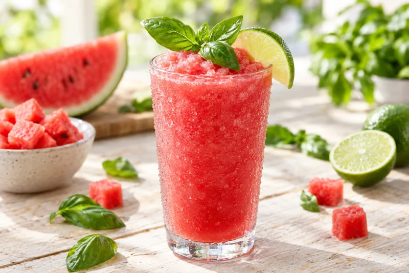 Wassermelonen-Slush mit Basilikum in einem Glas, garniert mit Basilikumblättern