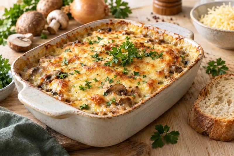 Veganes Würzfleisch goldbraun überbacken mit veganem Käse in einer Auflaufform.